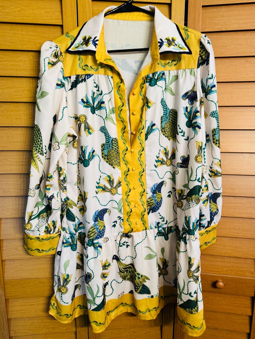 Bohemian Peacock Bird Print, Long Sleeve Mini Dress, Lapel Collar, XL - Picture 4 of 7
